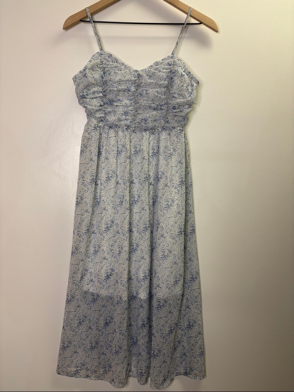 Romantic Chiffon Ditsy Floral Blue Yellow Bridgerton Spring Midi Sundress NEW S